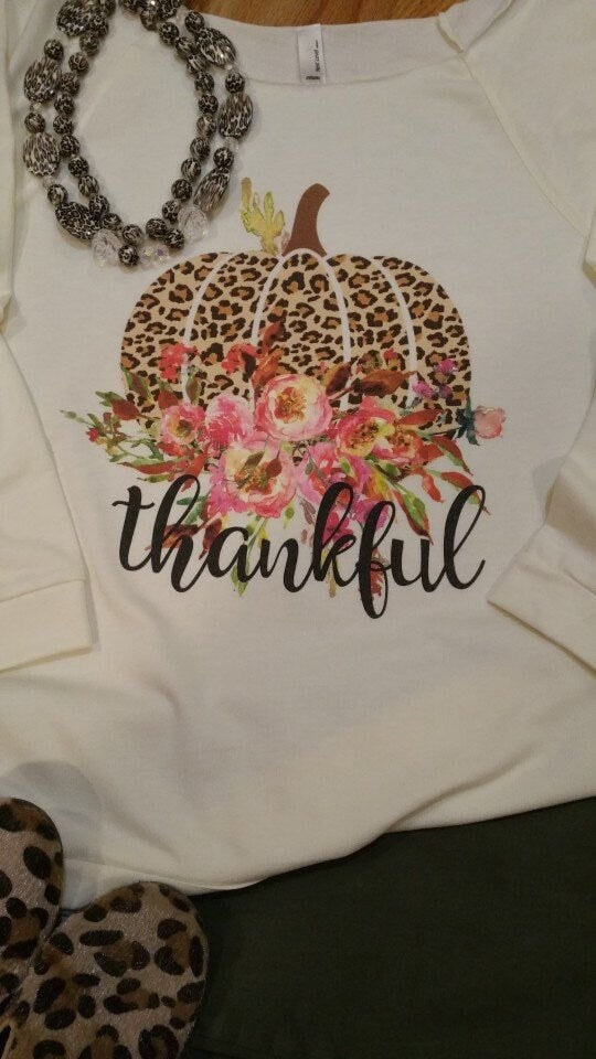 Fall Thankful Leopard Pumpkin Print on Next Level 3/4 Top