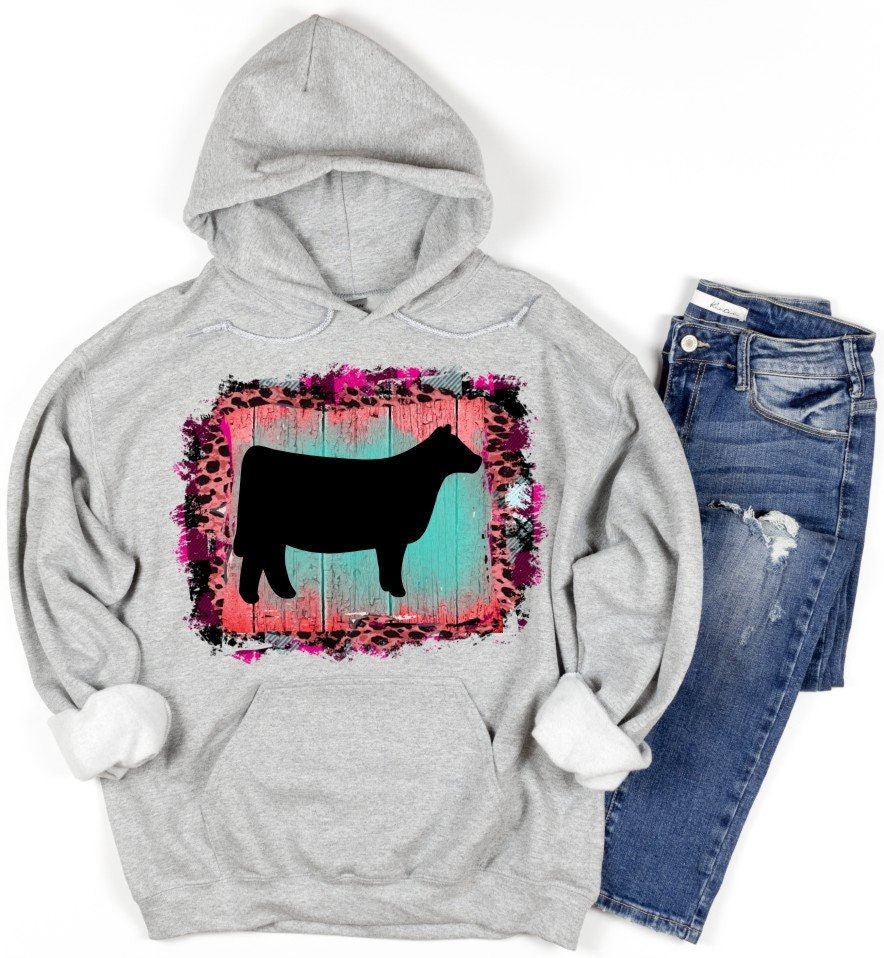 Adult Show Heifer Pink Leopard Background Showing Hoodie/ Show Heifers/ Livestock Agriculture