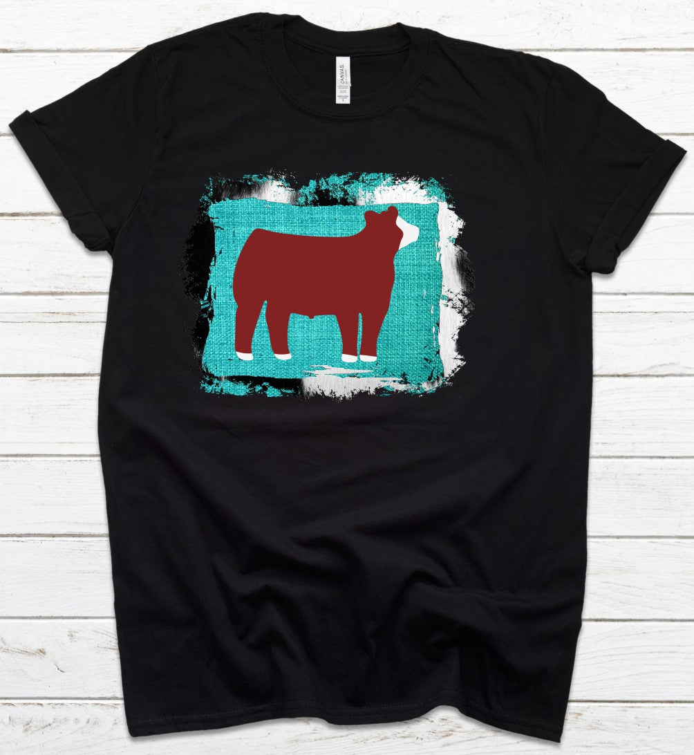 Youth Show Steer Hereford Cow Hide and Turquoise Back Ground Showing T-Shirt