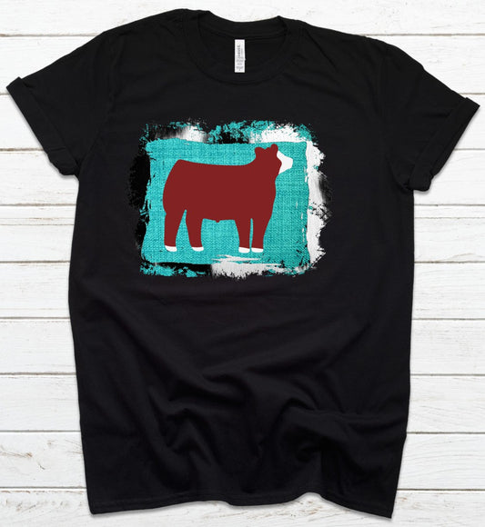 Youth Show Steer Hereford Cow Hide and Turquoise Back Ground Showing T-Shirt