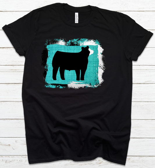 Youth Show Steer White Faced Cow Hide and Turquoise Back Ground Showing T-Shirt