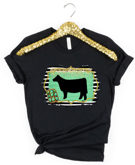 Adult Show Heifer Turquoise Black and White Stripe T-Shirt/ Livestock Show/Agriculture T-Shirt
