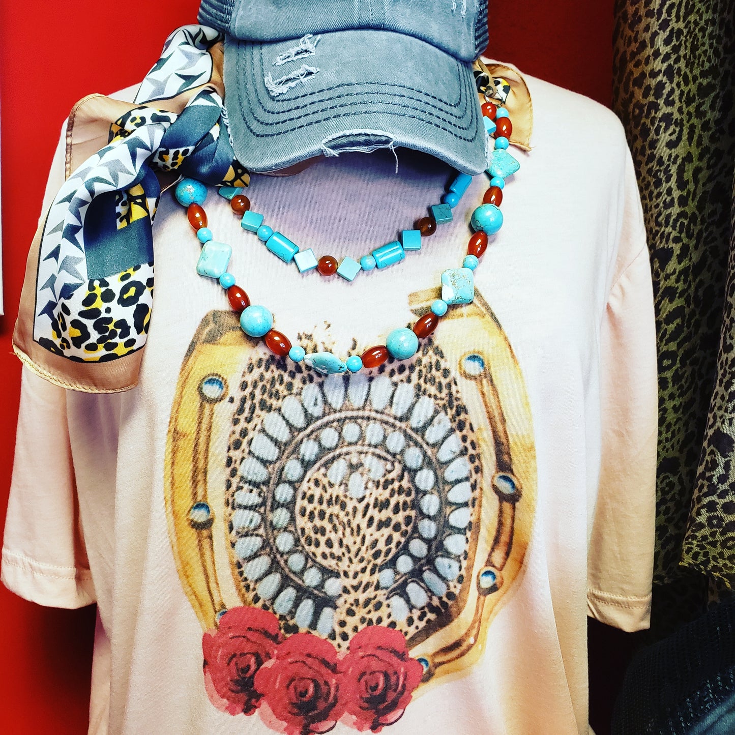 Western Turquoise Leopard Horse Shoe Rose Printed T-Shirt