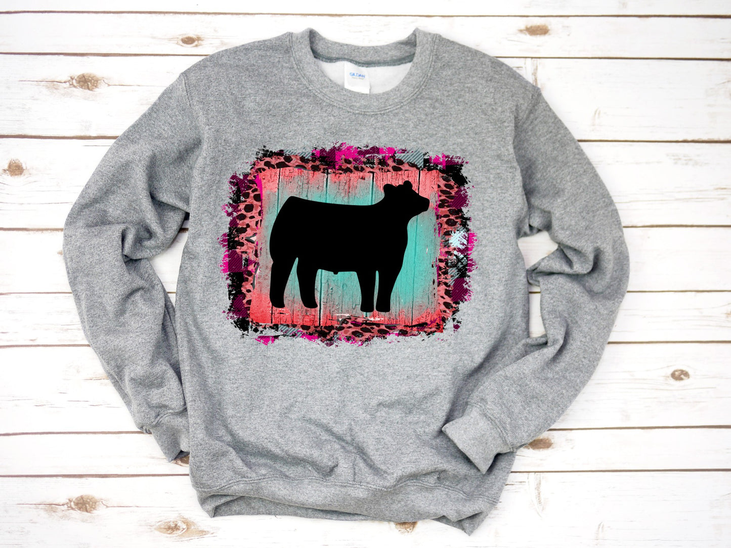 Adult Show Steer Leopard Pink Background Sweatshirt Livestock Shirt