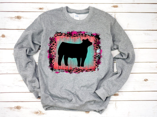 Adult Show Steer Leopard Pink Background Sweatshirt Livestock Shirt