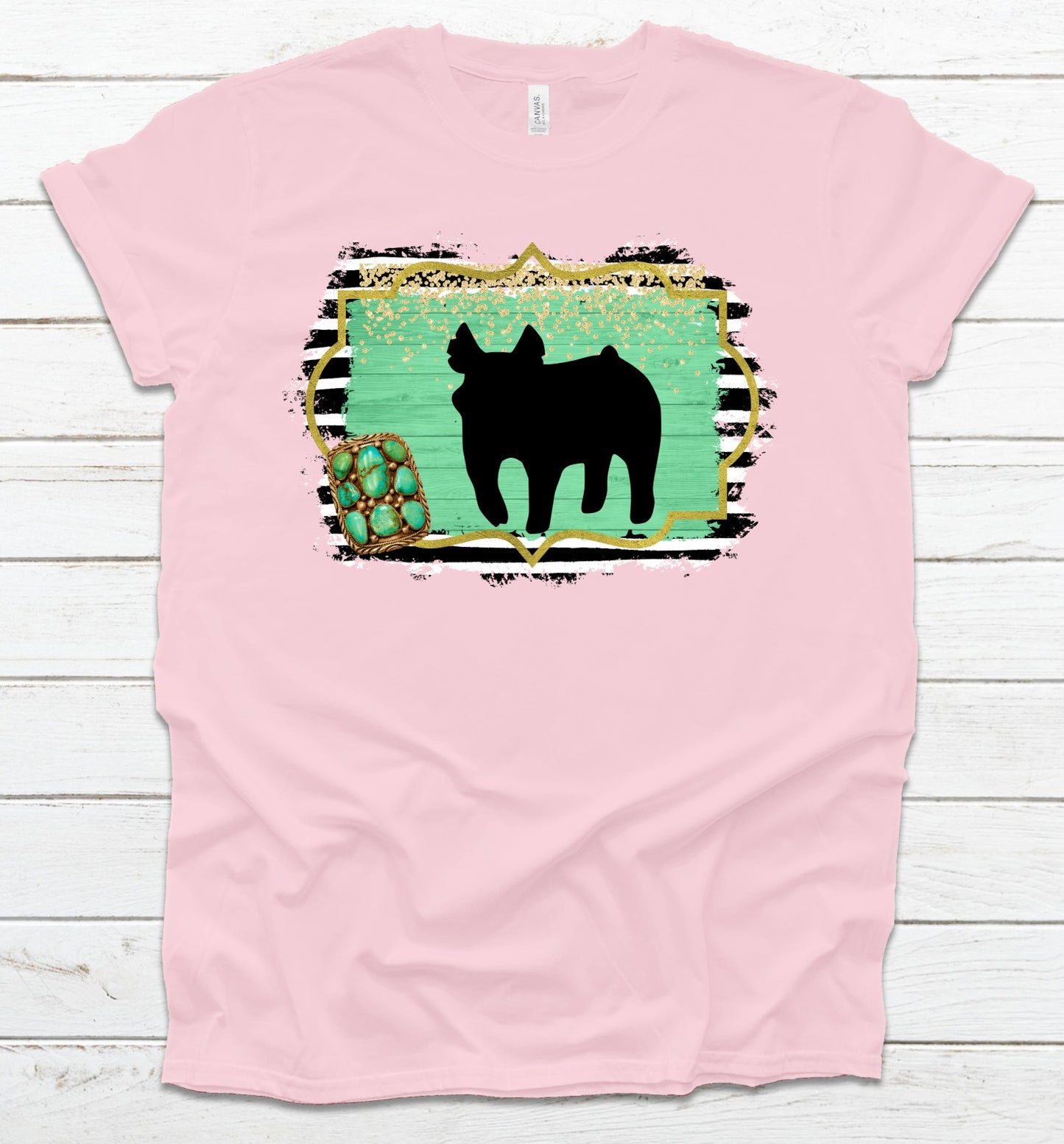 Youth Show Pig Black and White Stripe Turquoise T-Shirt Livestock Show T-Shirts