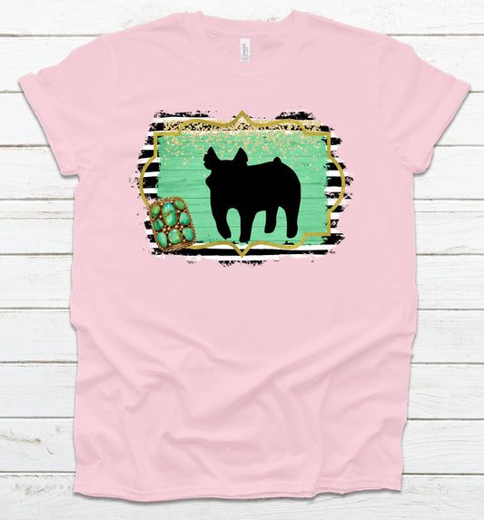 Youth Show Pig Black and White Stripe Turquoise T-Shirt Livestock Show T-Shirts