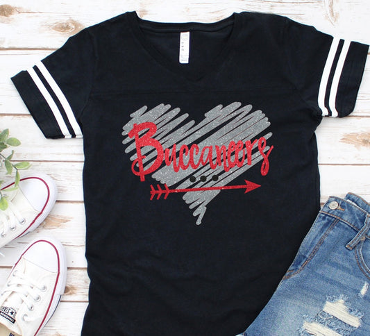 Buccaneers Glitter Squiggle Heart Ladies LAT Jersey Style T-Shirt