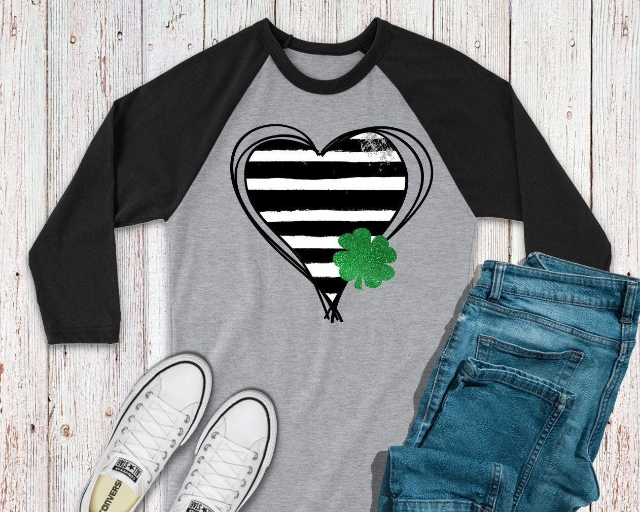St. Patrick's Day Black and White Stripe Heart Shamrock Baseball T-Shirt