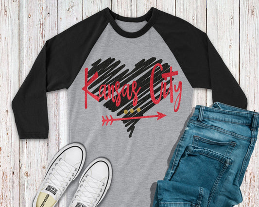Kansas City Glitter Arrow Heart Baseball T-Shirt