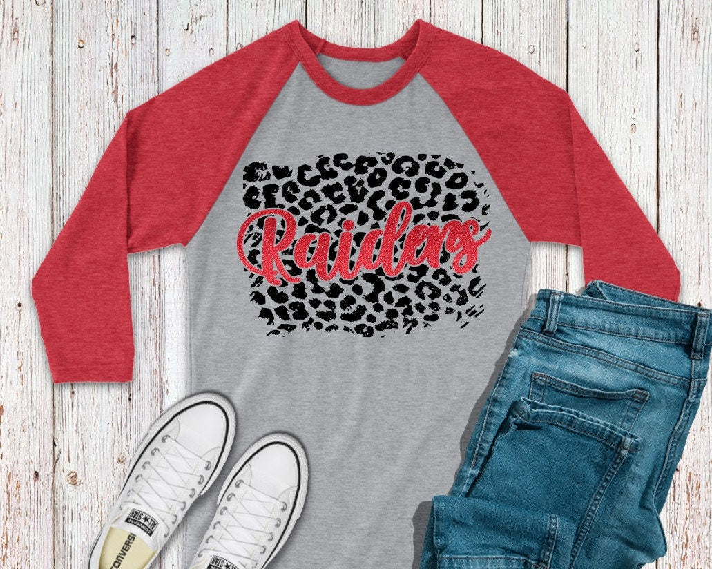 School Mascot Custom Spirit Wear Distressed Leopard and Glitter Baseball Tee Wamego Raiders Baseball Tee