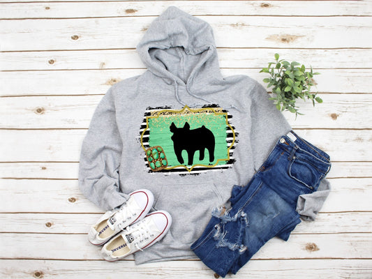 Youth Show Pig Black and White with Turquoise Showing Hoodie/ Livestock Show Animals