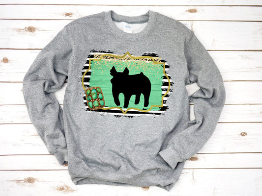 Youth Show Pig Black and White Stripe Turquoise Show Animal Sweatshirt