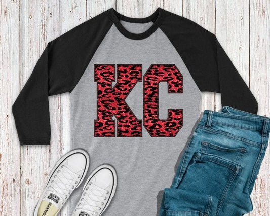 KC  Leopard Glitter Baseball 3/4 Sleeve Tee/ KC Glitter Shirt