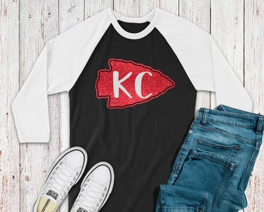 KC Glitter Baseball 3/4 Sleeve Tee/ KC Football