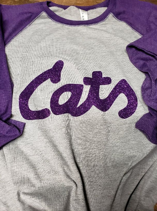 K-State Cats Glitter Baseball 3/4 Sleeve Tee/ Officially Licensed Kansas State University Apparel